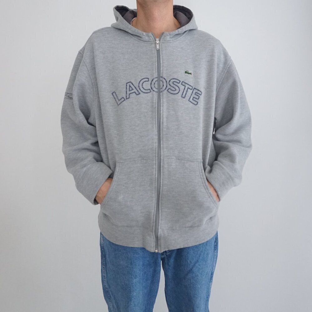 Lacoste Sport Cotton Zip Up Front Hit Sporty Embroidered Hooded Sweatshirt Large